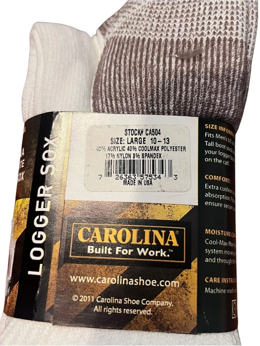 Carolina Men Logger Sox Socks 2 Pairs of White Boot Large 10-13 Made in USA